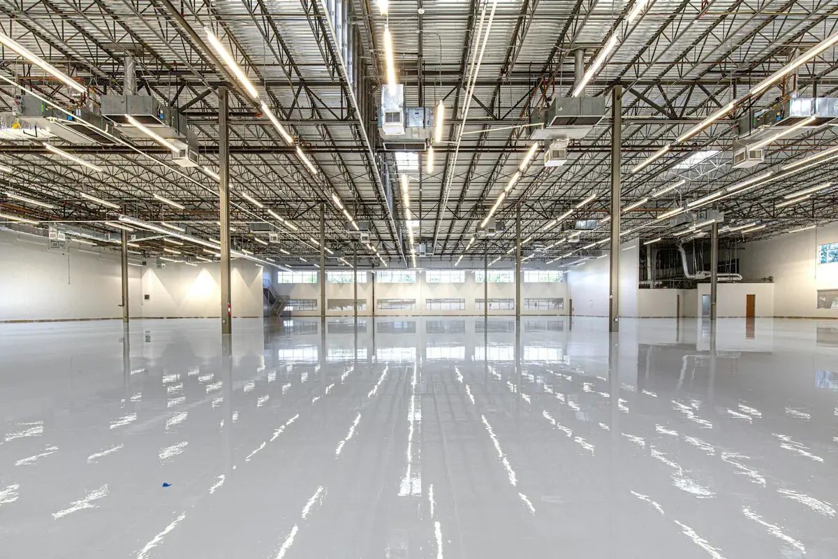 Glossy finished epoxy floor in a large open building
