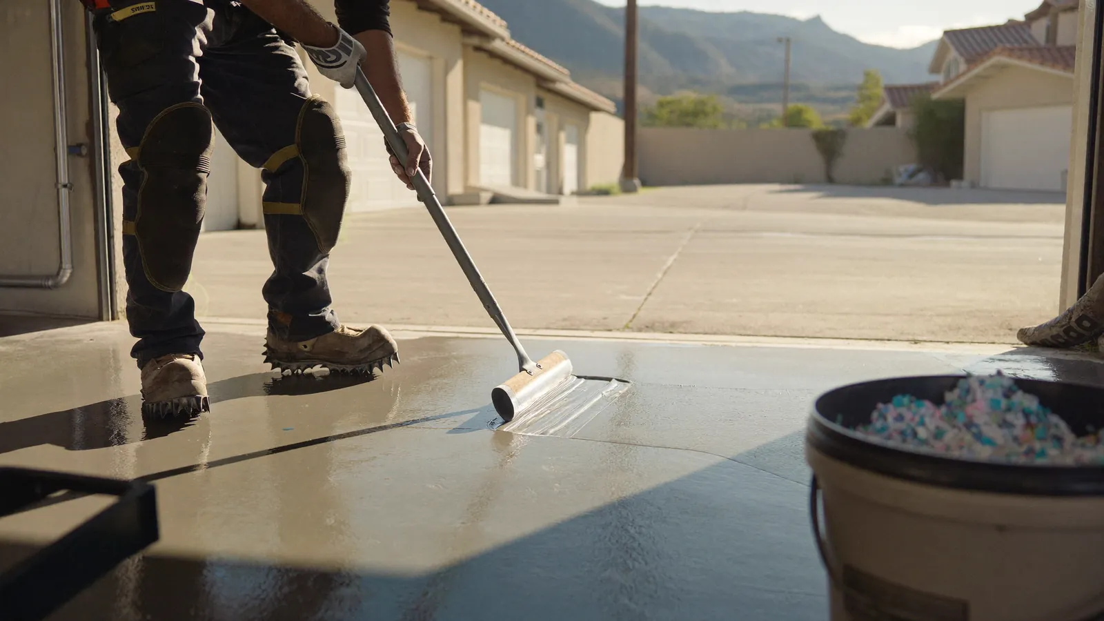 Installer spreading epoxy across a two-car garage floor