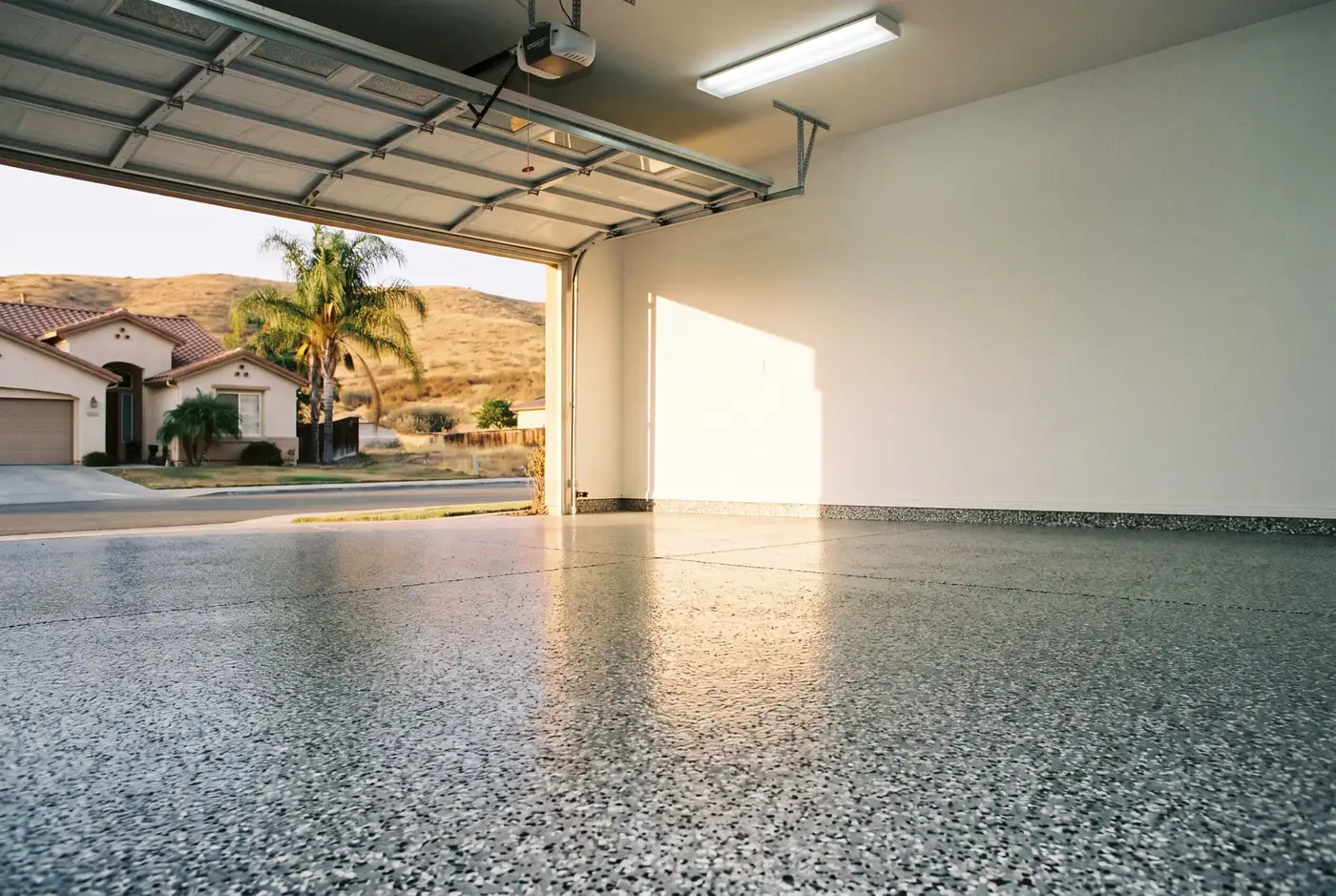 Finished flake epoxy garage floor with a glossy topcoat
