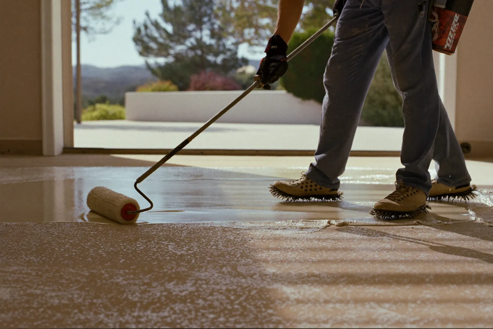 Contractor rolling a clear polyaspartic topcoat on a garage floor